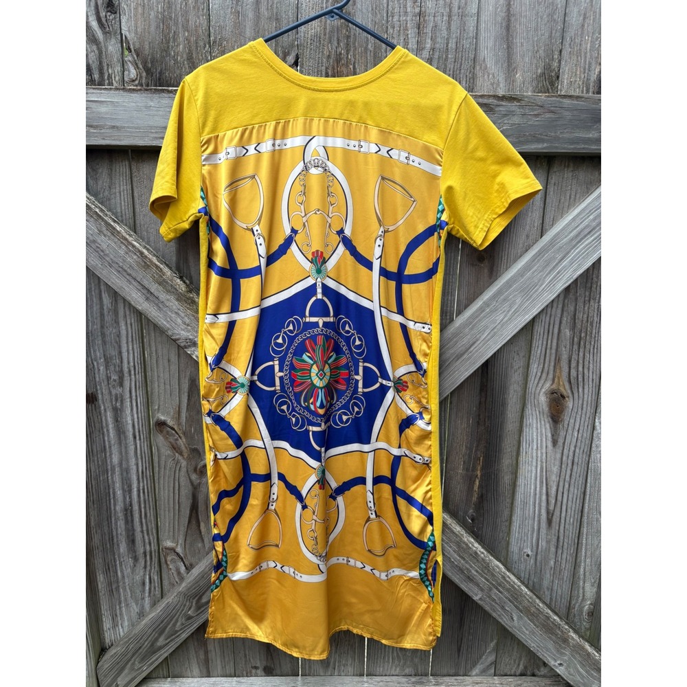 Hiso Hiso Yellow Scarf Print T-Shirt Dress Equestrian Belt Stirrup Midi Pocket